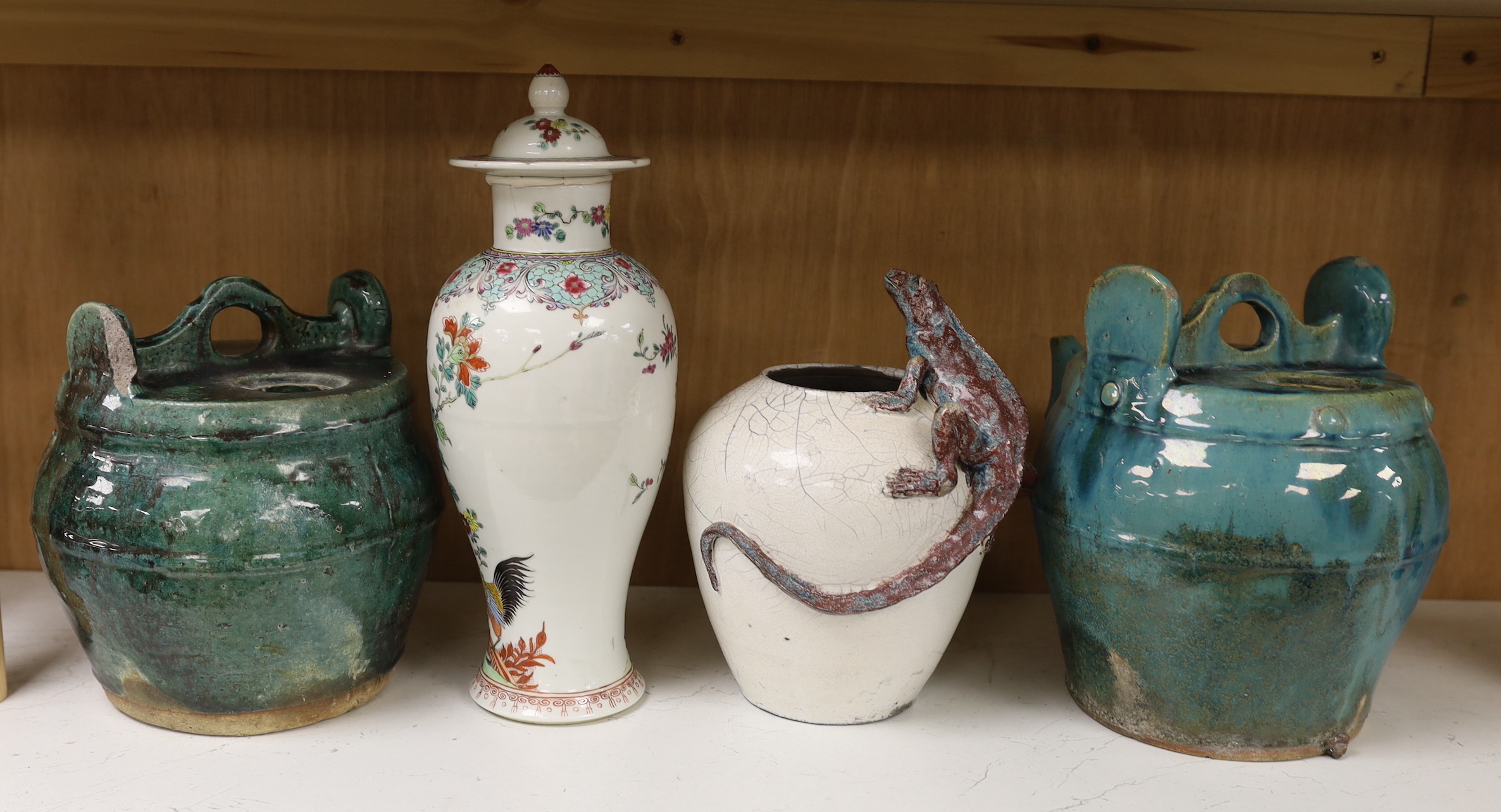 Two Chinese Shiwan pots, a 19th century Chinese famille rose ‘cockerel’ vase and cover and a studio pottery vase, tallest 31cm